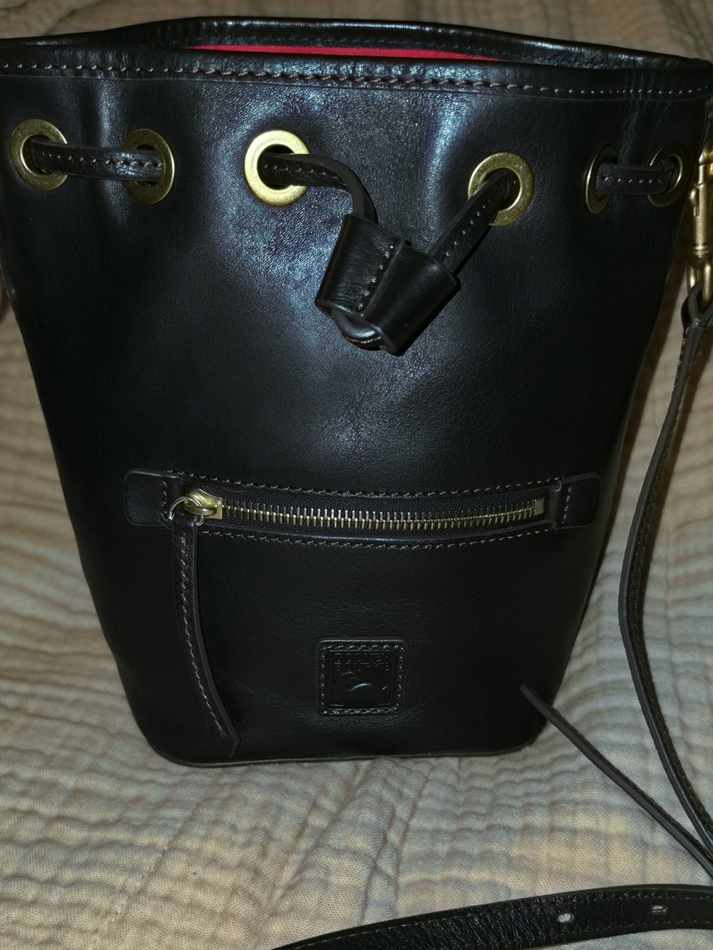 Dooney & Bourke Black Leather Mini Drawstring Bucket Bag with Gold Hardware